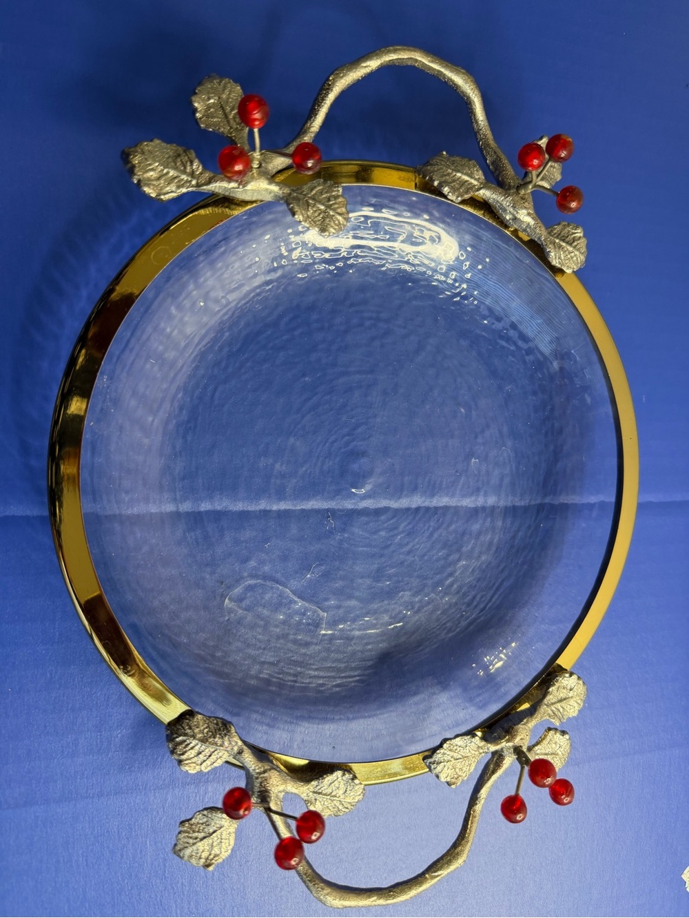 Vtg Clear Glass Dish, Sculptured, Metal Frame 
adorned With Red Berries READ - Picture 11 of 16